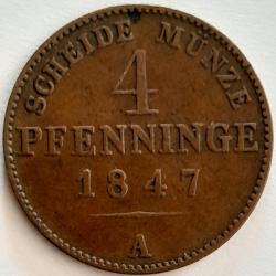 Monnaie Allemagne 4 pfenninge Friedrich Wilhelm IVRoyaume de Prusse 1847 A Qualit&eacute; Rare Recherch&eacute;e