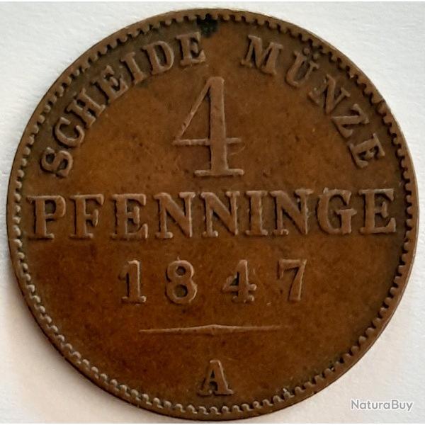 Monnaie Allemagne 4 pfenninge Friedrich Wilhelm IVRoyaume de Prusse 1847 A Qualit� Rare Recherch�e