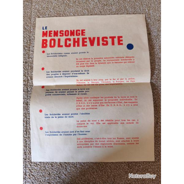 Tract d'�poque 1939-1945 - Propaganda Vichy / Secr�tariat G�n�ral de l'Information - "Le Mensonge Bo