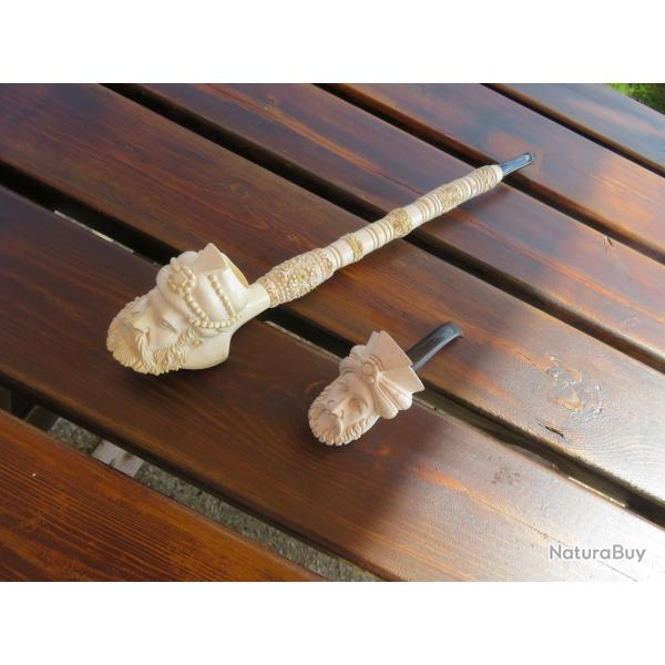 DUO d'ancienne pipe en �cume de mer sculpt�e � d�cor repr�sentant des t�tes de "SULTAN" (XX�)