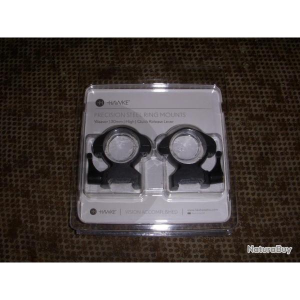 paire de collier amovible a levier HAWKE s�rie PRECISION STEEL RING MOUNT de 30 mm  hauteur : HIGH