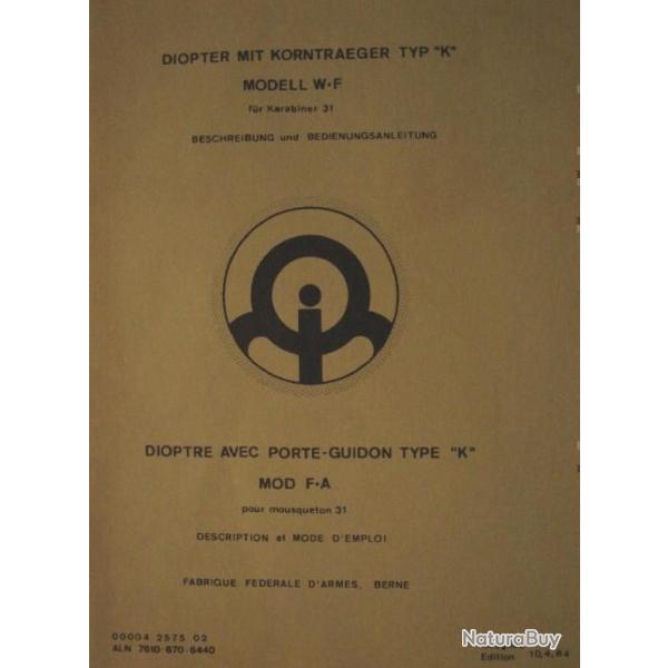 notice DIOPTRE WF pour mousqueton K31 K 31 14 pages en FRANCAIS (envoi par mail) -  (m2830)