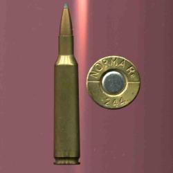 .244 Remington - NORMA - balle cuivre pointe plomb - &eacute;tui laion de 56.5 mm de long
