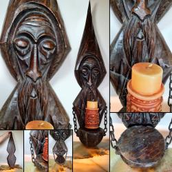 Bougeoir unique en bois dur sculpt&eacute; &agrave; la main, H : 71 cm