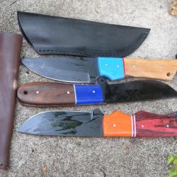LOT DE 3 Couteau Tactical Urbain Lame Drop Acier Carbone 1055 Blk Manche Bois Etui Fab Artisanale