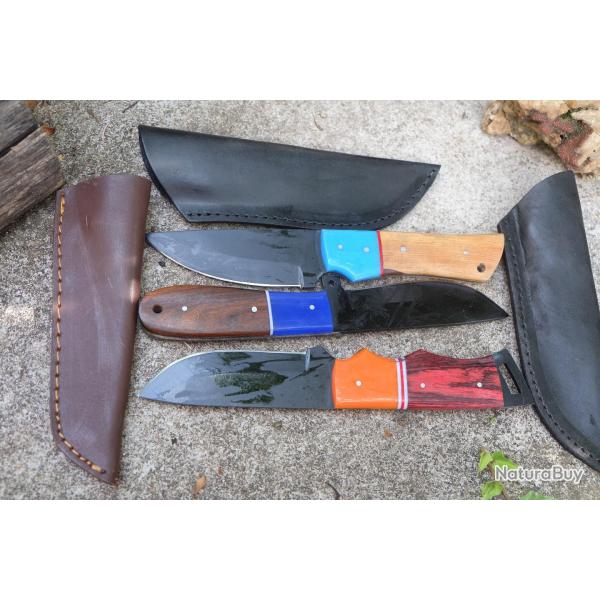 LOT DE 3 Couteau Tactical Urbain Lame Drop Acier Carbone 1055 Blk Manche Bois Etui Fab Artisanale