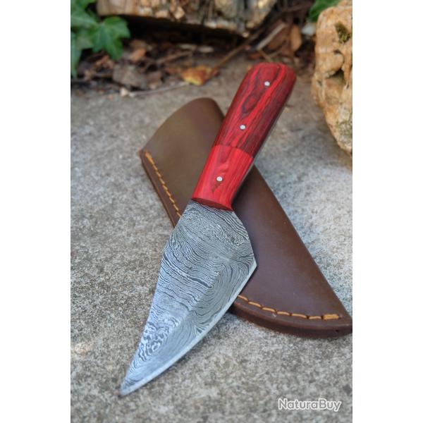 Skinner Couteau Damas Lame 256 Couches Lame Leaf Manche Rubis Fabr Artisanale Etui Cuir