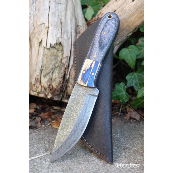 Skinner Couteau Damas Lame 256 Couches Lame Drop Point Manche Smoke Fabr Artisanale Etui Simili Cuir