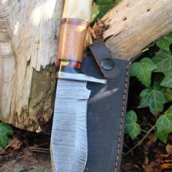 Beau Couteau Bowie Damas Lame Acier 256 Couches Manche Bois/OS Etui Nylon Fabrication Artisanale