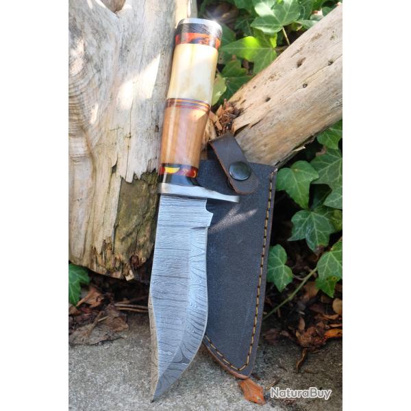 Beau Couteau Bowie Damas Lame Acier 256 Couches Manche Bois/OS Etui Nylon Fabrication Artisanale