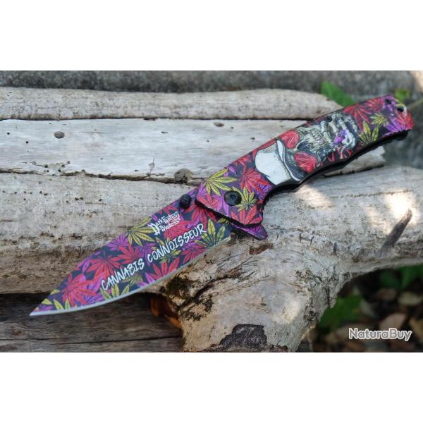 Couteau Semi Automatique A/O Dark Fantasy Blade Lame Acier Inox Manche ABS D�cor Skull Cannabis