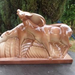 ANCIENNE SCULPTURE Art D&eacute;co en C&eacute;ramique " BICHES " Sign&eacute;e LEMANCEAU St Cl&eacute;ment H 30 x45 x 11 cm