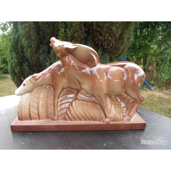 ANCIENNE SCULPTURE Art D�co en C�ramique " BICHES " Sign�e LEMANCEAU St Cl�ment H 30 x45 x 11 cm