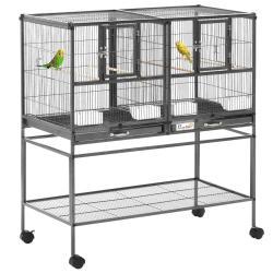 Cage &agrave; oiseaux sur pied double 95 x 45,5 x 102 cm s&eacute;paration amovible et plateau coulissant industr