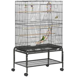 Cage &agrave; oiseaux sur support &agrave; roulettes 79 x 49 x 133 cm plateau amovible et &eacute;tag&egrave;re style moderne &eacute;