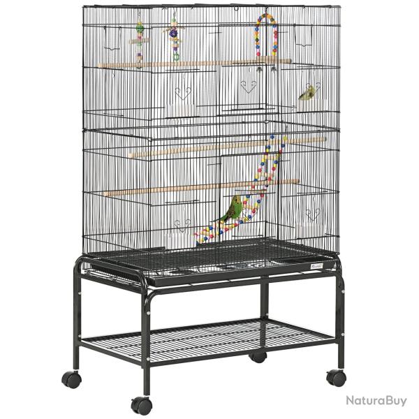 Cage � oiseaux sur support � roulettes 79 x 49 x 133 cm plateau amovible et �tag�re style moderne �