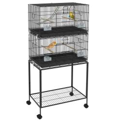 Cage &agrave; oiseaux sur pied voli&egrave;re 77 x 46 x 164 cm avec plateau amovible et roulettes frein&eacute;es modern