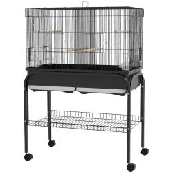 Cage &agrave; oiseaux sur support roulettes 85 x 49 x 119 cm portes multiples &eacute;tag&egrave;re int&eacute;gr&eacute;e moderne sca
