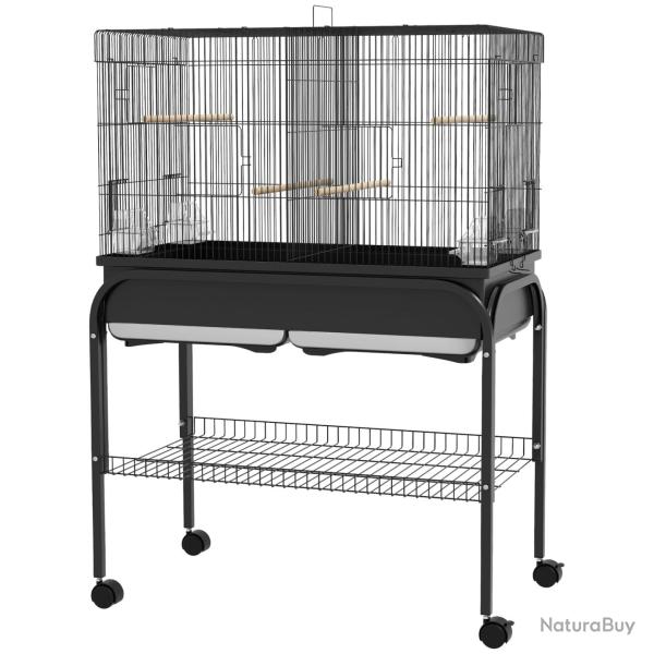 Cage � oiseaux sur support roulettes 85 x 49 x 119 cm portes multiples �tag�re int�gr�e moderne sca