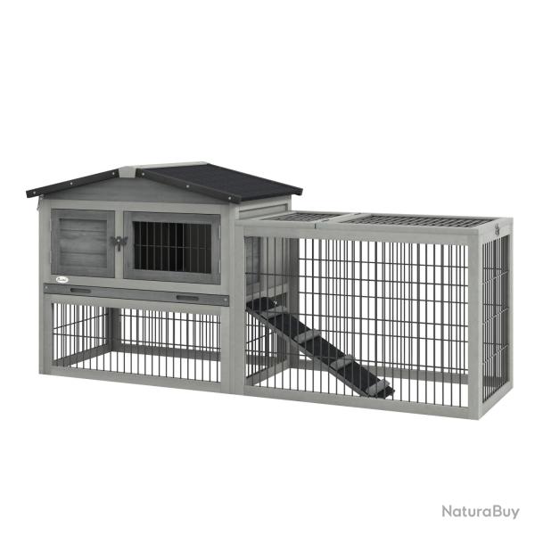 Clapier pour lapins enclos deux niveaux 150 x 52 x 68 cm nettoyage facile et rampe design rustique