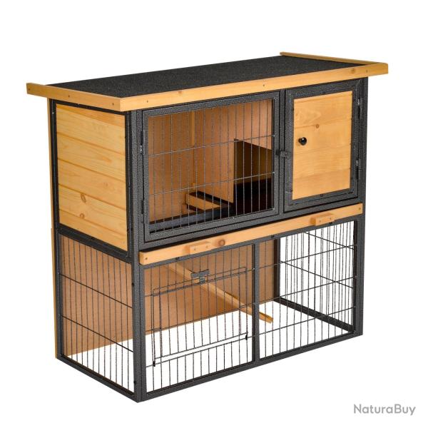 Clapier pour lapins 2 niveaux 90 x 45 x 81 cm toit bitum� tiroir � d�jection rustique contemporain