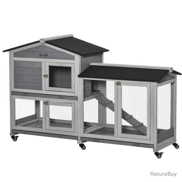 Clapier pour lapins ext�rieur 157.4 x 53 x 99.5 cm roulettes 3 plateaux coulissants entretien ais�