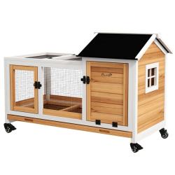 Clapier pour lapins 108 x 58 x 73,5 cm aire de jeu abrit&eacute;e tiroir coulissant rustique avec cottage