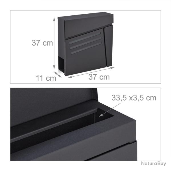 Bo�te aux lettres murale moderne avec porte-journaux design �pur� 40 x 30 x 10 cm en acier noir mat
