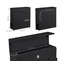 Bo&icirc;te aux lettres murale moderne pratique 38 x 37 x 12 cm avec porte-journaux en m&eacute;tal noir 13_0017