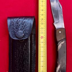 Magnifique Couteau Pliant de Chasse Style Buck 110 - Manche en Corne V&eacute;ritable + &Eacute;tui