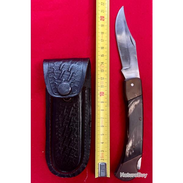 Magnifique Couteau Pliant de Chasse Style Buck 110 - Manche en Corne V�ritable + �tui