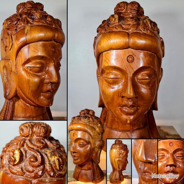 Sculpture, T�te de Bouddha, H : 47 cm - 47 cm - Bois - 1970