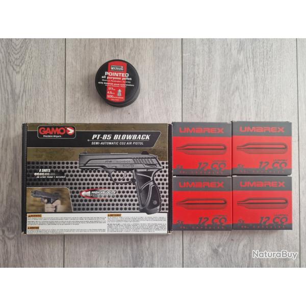 Pistolet CO2 Gamo PT-85 Blowback (Cal. 4.5mm) + Bo�te de plombs + 20 sparclettes CO2