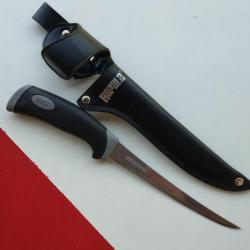 A SAISIR - Couteau &agrave; lever les filets lame de 155 mm marque RAPALA avec &eacute;tui ceinture PROCHE DU NEUF