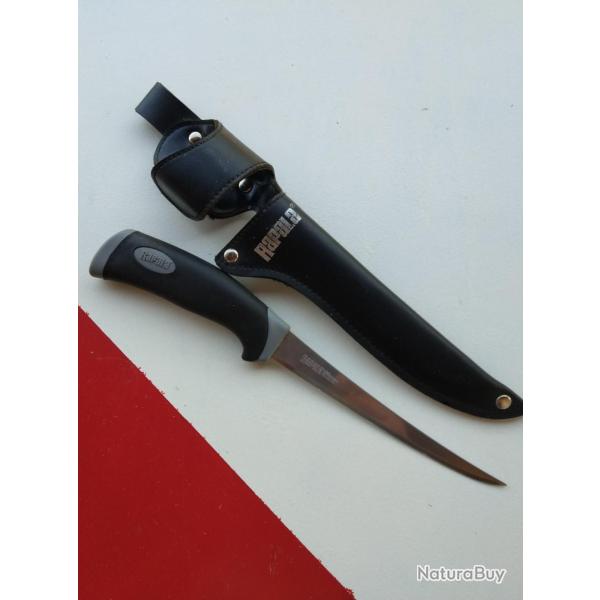 A SAISIR - Couteau � lever les filets lame de 155 mm marque RAPALA avec �tui ceinture PROCHE DU NEUF