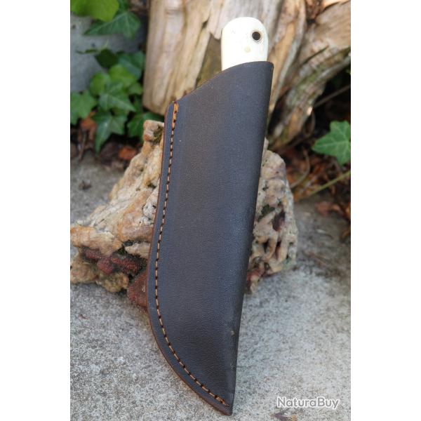 Skinner Couteau Damas Lame 256 Couches Lame Drop Point Manche Os/Bois Fabr Artisanale Etui Cuir