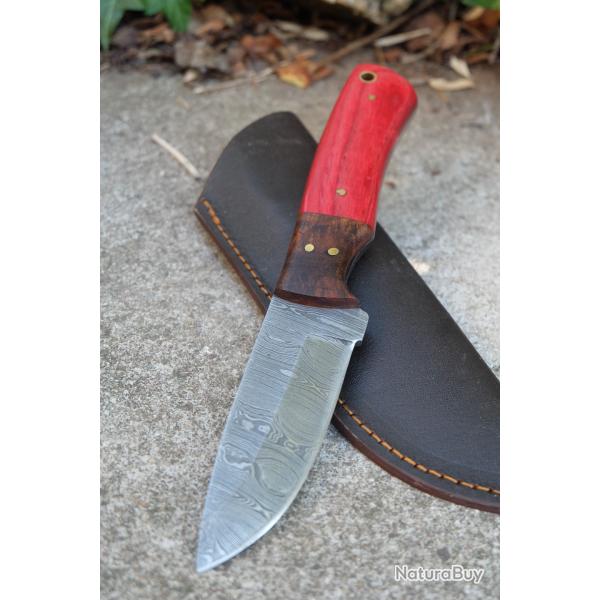 Skinner Couteau Damas Lame 256 Couches Lame Drop Point Manche Rubis Fabr Artisanale Etui Cuir 00