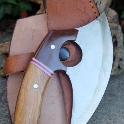 Couteau d'Esquimau Inuit Ulu Lame Acier Inox Manche Bois/R&eacute;sine Etui Cuir Fabr Artisanale