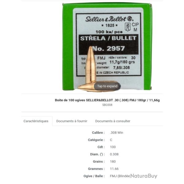 Ogive 180 gr 308 sellier bellot