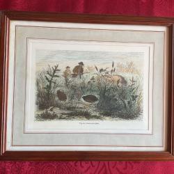 Petit tableau vitr&eacute; avec gravure, chasse aux cailles, pas de prix de r&eacute;serve