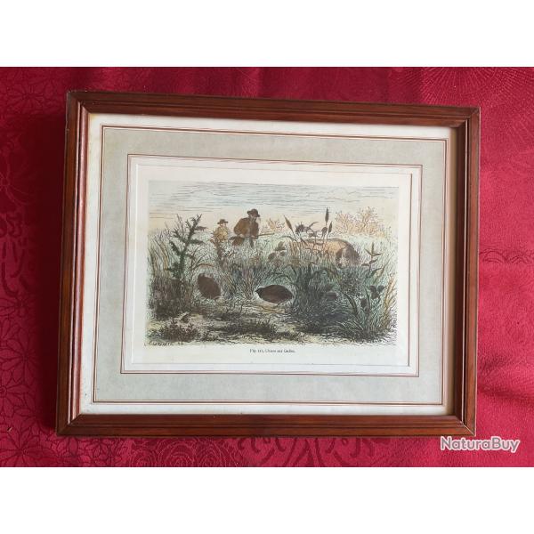 Petit tableau vitr� avec gravure, chasse aux cailles, pas de prix de r�serve