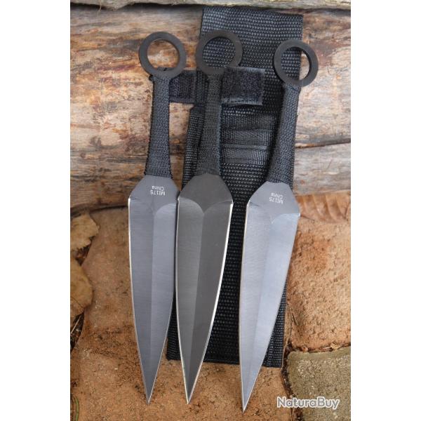 Set de 3 Couteaux Ninja Kunai Lame Acier Acier Inoxydable Noir Manche Cordelette Housse Nylon I175