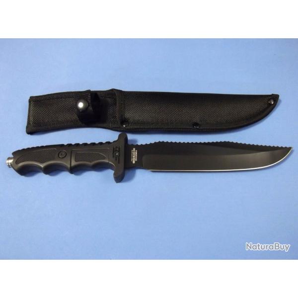 Couteau de Survie Chasse Lame Acier Inoxydable Noire Sawback Etui Nylon 4139