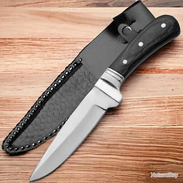 Couteau Wild Deer Skinner Lame Acier Inox Satin Clip Point Manche Bois Garde Acier Etui Cuir 3084