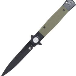 Couteau Cobratec Stiletto Lame Acier VG-10 Noir Manche G10 Vert Button Lock CBTSTBLODBK