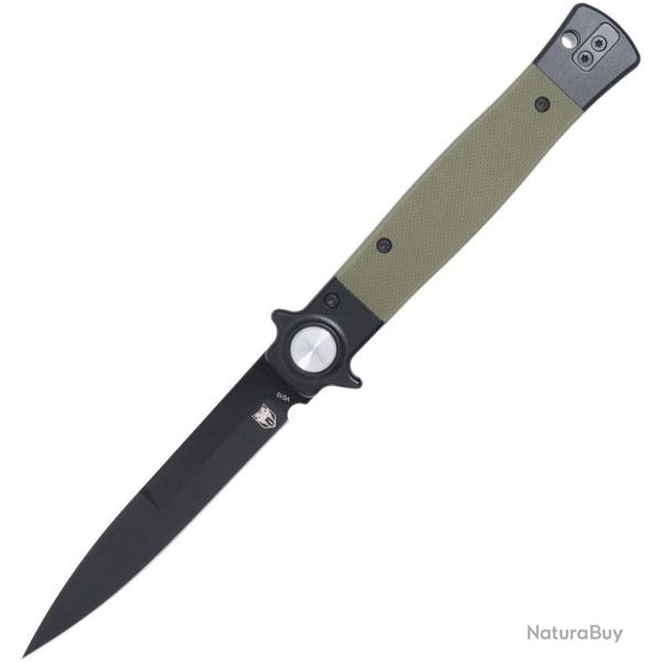 Couteau Cobratec Stiletto Lame Acier VG-10 Noir Manche G10 Vert Button Lock CBTSTBLODBK