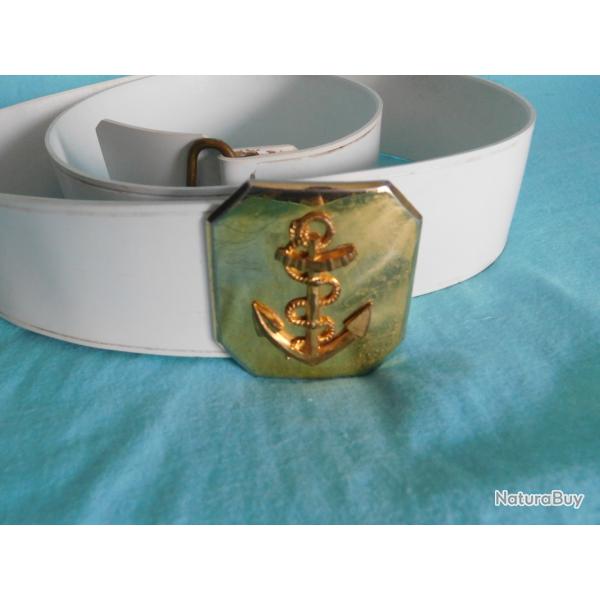 MARINE NATIONALE : CEINTURON BLANC CEREMONIES EN PVC / 110CM DE LONG / ANCRE MARINE