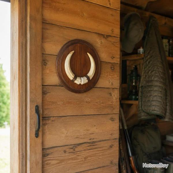 Plateau Rond Troph�e chasse d�fense sanglier ch�ne fonc� cir� � 22 cm