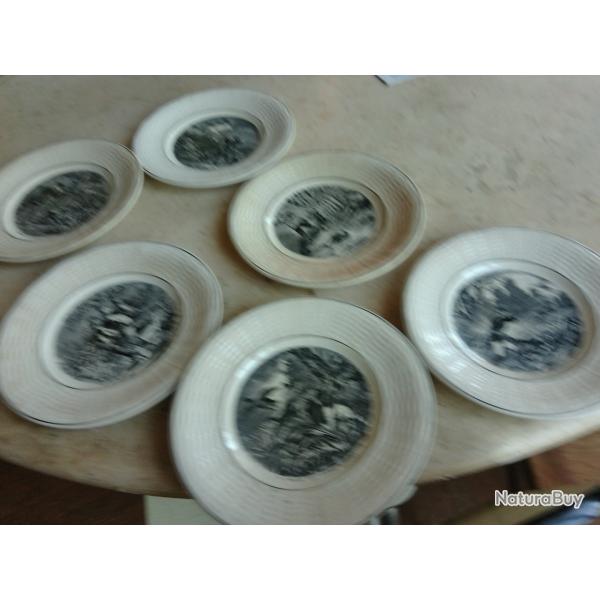 six assiettes a dessert digoin sarreguemines decor chasse