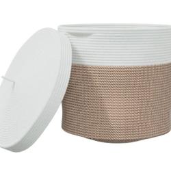 Panier rangement coton marron blanc &Oslash;40x35 cm avec couvercle pliable
